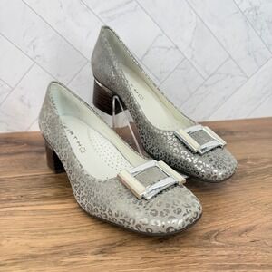 Wirth Silver Leopard Print Leather Block Heel Pumps Square Toe Buckle Brazil 8.5